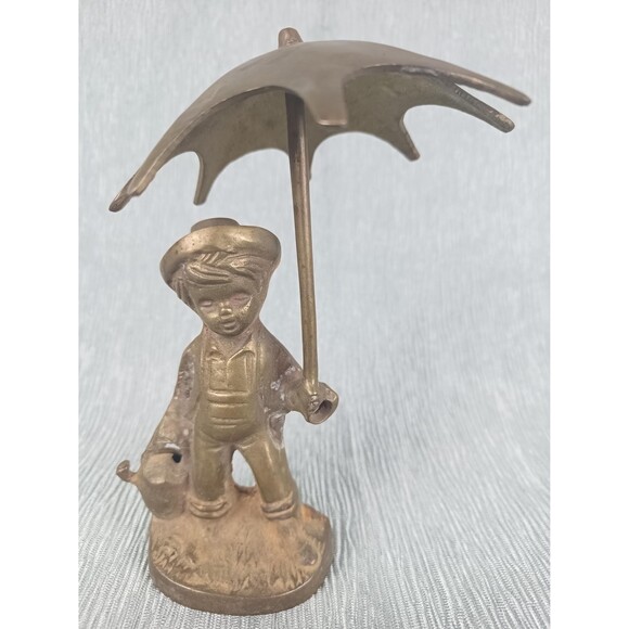 Vintage Brass Plated Boy With Umbrella And Watering Can Figurine - Picture 4 of 10
